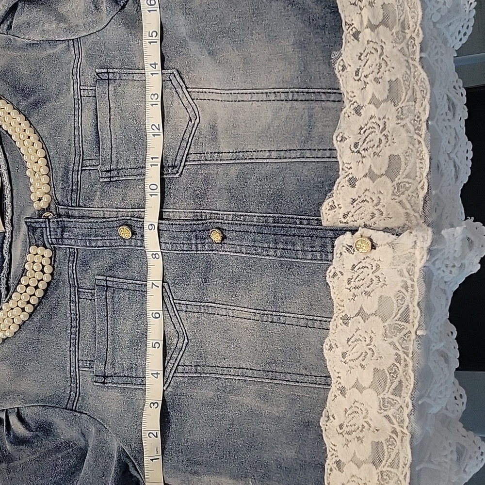 Jean Jacket Button Front With Lace And Pearl Embellishment - Picture 7 of 8